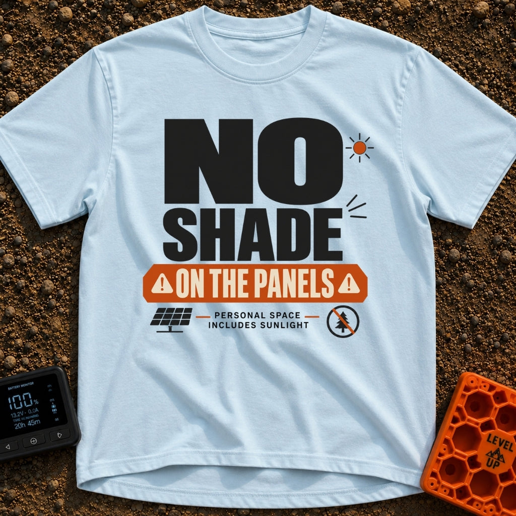 Do Not Throw Shade - T-Shirt in Chambray - A typographic design with the large text "NO SHADE" above an orange banner...