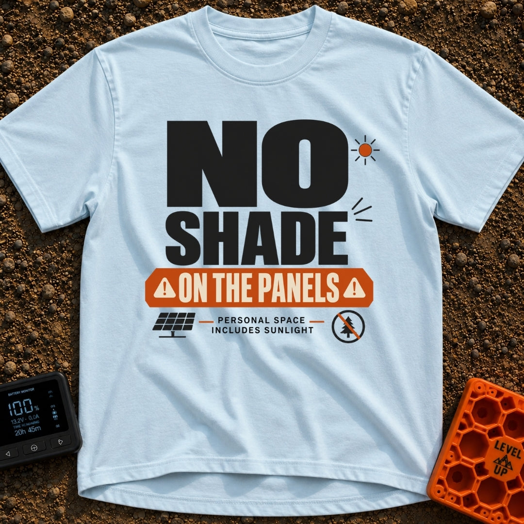 Do Not Throw Shade - T-Shirt in Chambray - A typographic design with the large text "NO SHADE" above an orange banner...