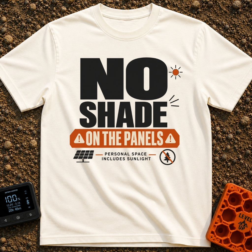 Do Not Throw Shade - T-Shirt in Ivory - A typographic design with the large text "NO SHADE" above an orange banner that...