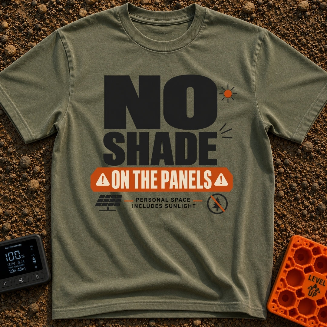 Do Not Throw Shade - T-Shirt in Moss - A typographic design with the large text "NO SHADE" above an orange banner that...