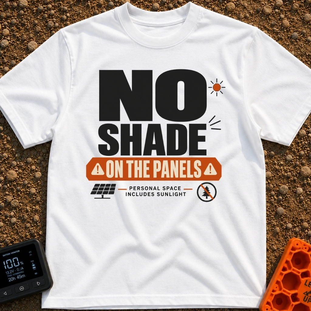 Do Not Throw Shade - T-Shirt in White - A typographic design with the large text "NO SHADE" above an orange banner that...