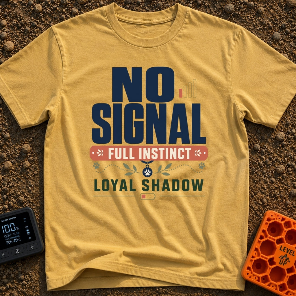 Instinct Meets Loyal Shadow - T-Shirt in Mustard - A typographic design featuring the text "NO SIGNAL" next to a low...