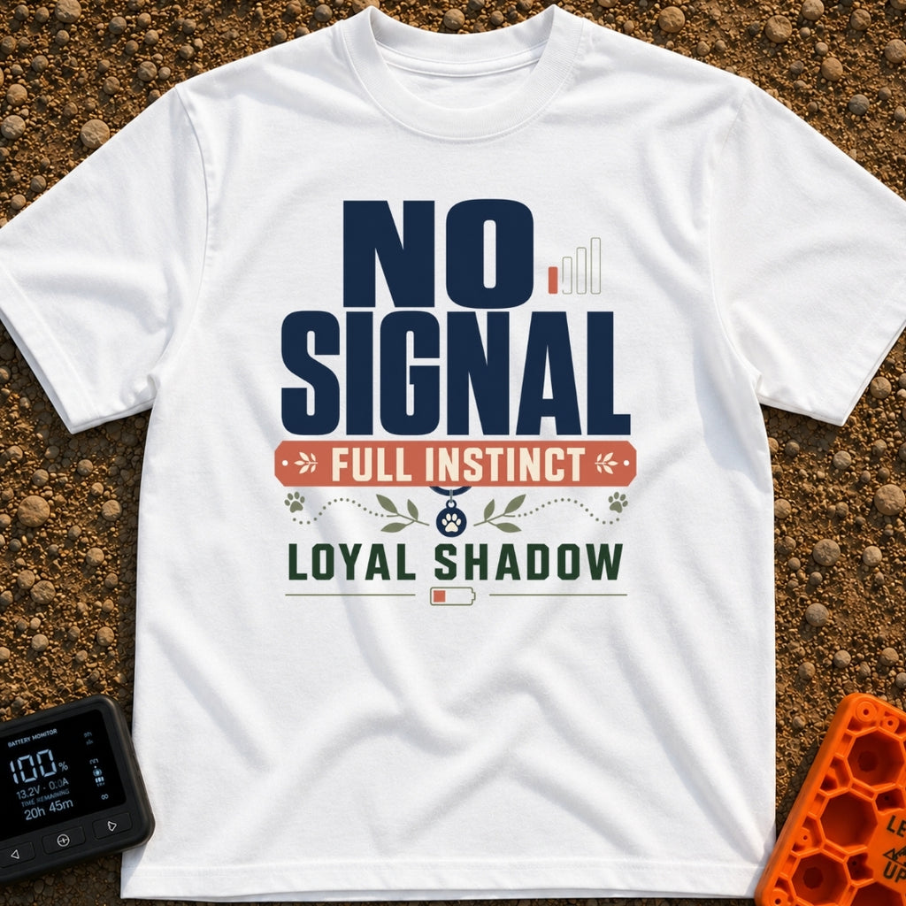 Instinct Meets Loyal Shadow - T-Shirt in White - A typographic design featuring the text "NO SIGNAL" next to a low...