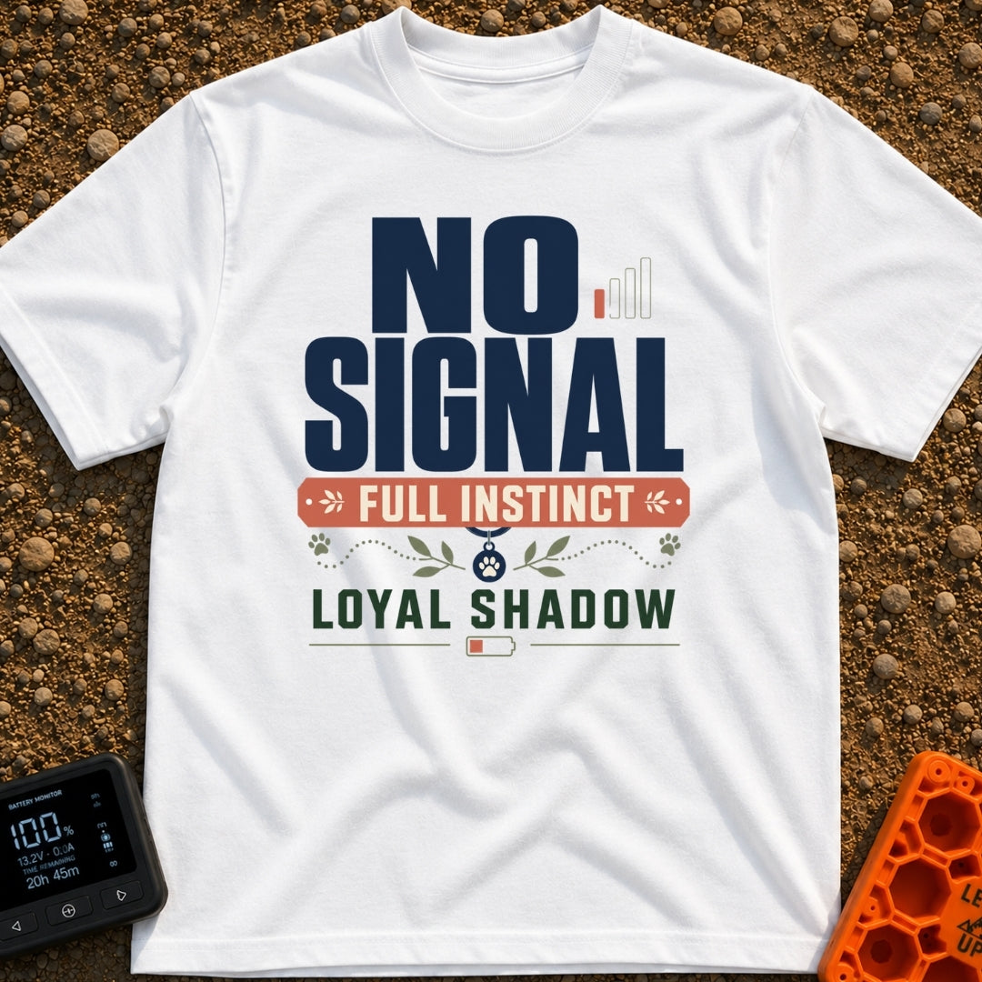 Instinct Meets Loyal Shadow - T-Shirt in White - A typographic design featuring the text "NO SIGNAL" next to a low...