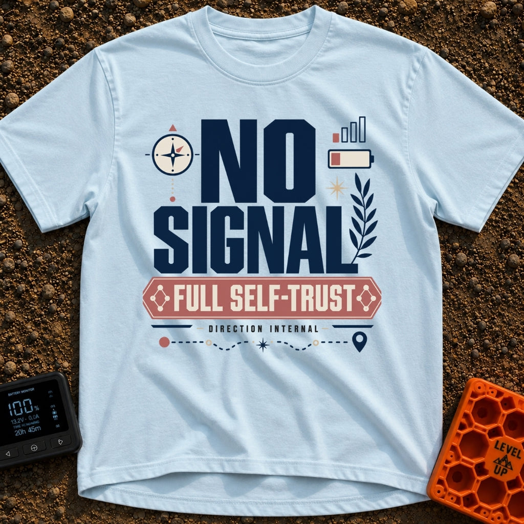 No Signal Full Trust - T-Shirt in Chambray - A typographic design featuring the large text "NO SIGNAL" above a banner...