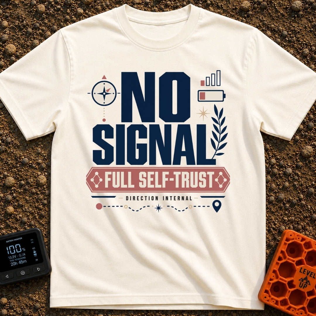 No Signal Full Trust - T-Shirt in Ivory - A typographic design featuring the large text "NO SIGNAL" above a banner...