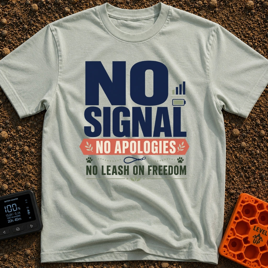 Off Leash Off Grid - T-Shirt in Bay - A typographic design featuring the text "NO SIGNAL" next to cell service and...