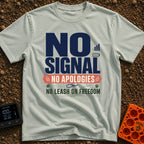 Off Leash Off Grid - T-Shirt in Bay - A typographic design featuring the text "NO SIGNAL" next to cell service and...