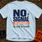 Off Leash Off Grid - T-Shirt in Chambray - A typographic design featuring the text "NO SIGNAL" next to cell service and...