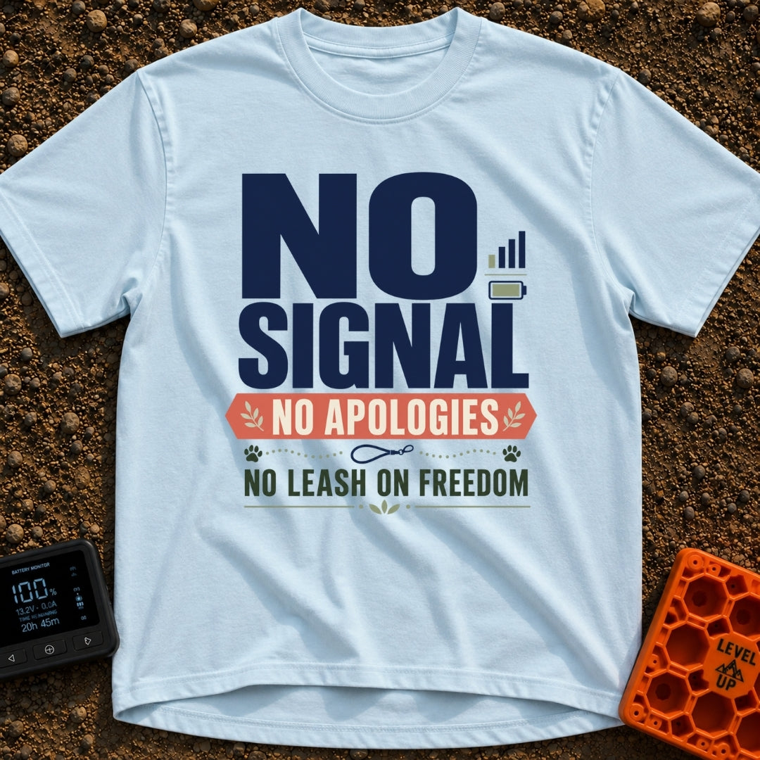 Off Leash Off Grid - T-Shirt in Chambray - A typographic design featuring the text "NO SIGNAL" next to cell service and...