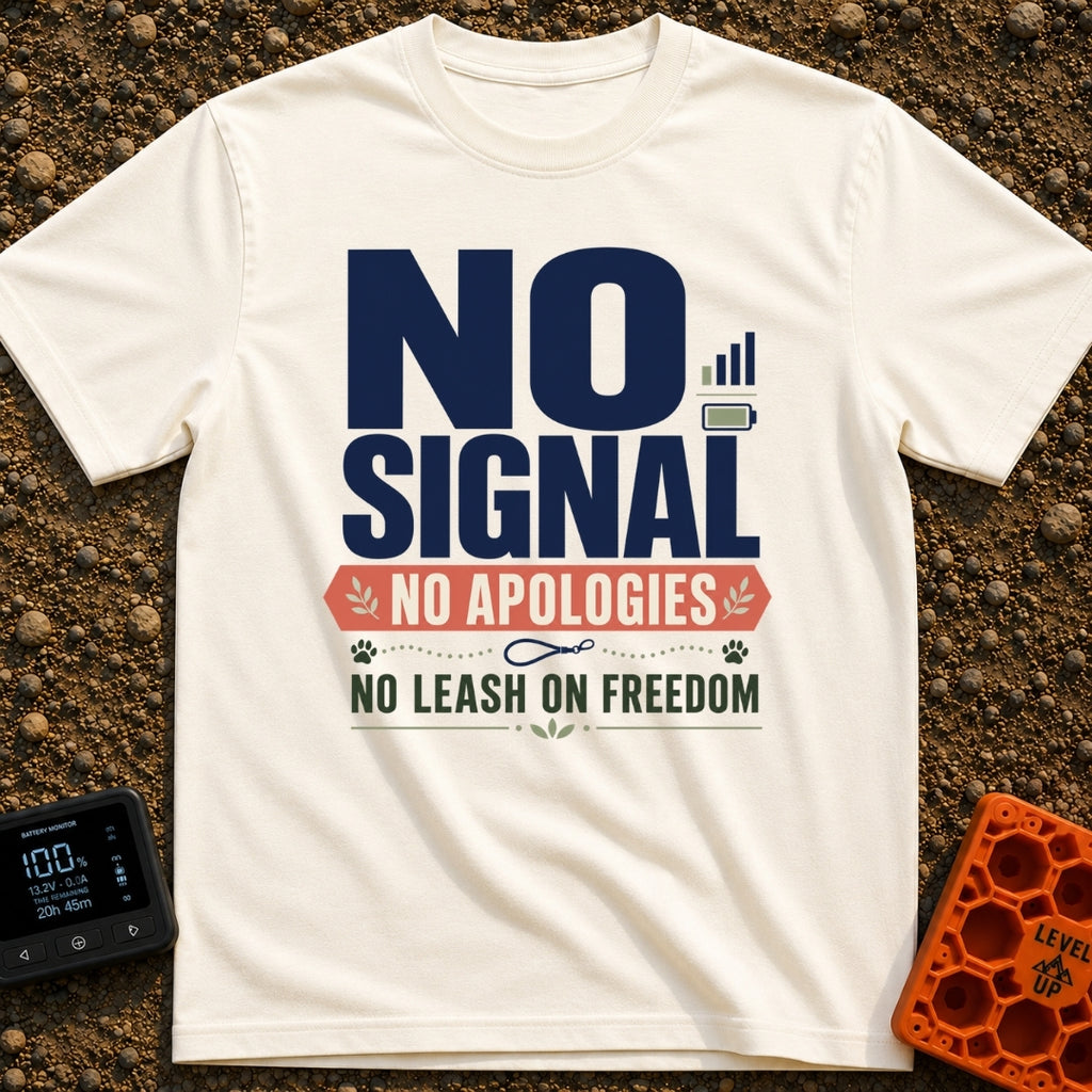 Off Leash Off Grid - T-Shirt in Ivory - A typographic design featuring the text "NO SIGNAL" next to cell service and...
