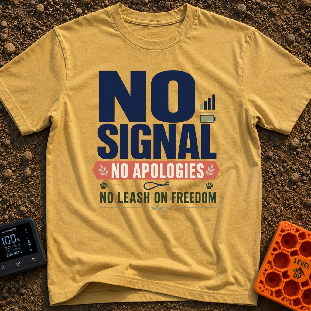 Off Leash Off Grid - T-Shirt in Mustard - A typographic design featuring the text "NO SIGNAL" next to cell service and...