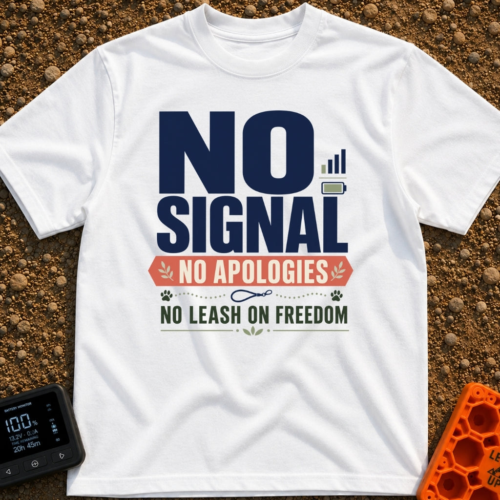 Off Leash Off Grid - T-Shirt in White - A typographic design featuring the text "NO SIGNAL" next to cell service and...