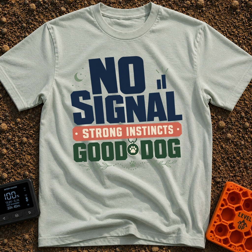 Instincts Over Signal - T-Shirt in Bay - A typographic design reading "NO SIGNAL" next to a crescent moon and...