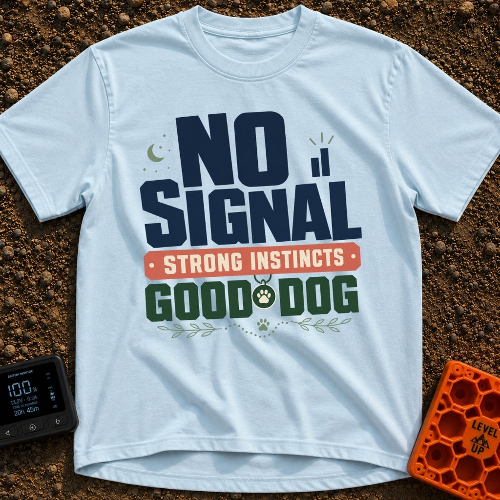 Instincts Over Signal - T-Shirt in Chambray - A typographic design reading "NO SIGNAL" next to a crescent moon and...