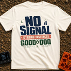 Instincts Over Signal - T-Shirt in Ivory - A typographic design reading "NO SIGNAL" next to a crescent moon and...
