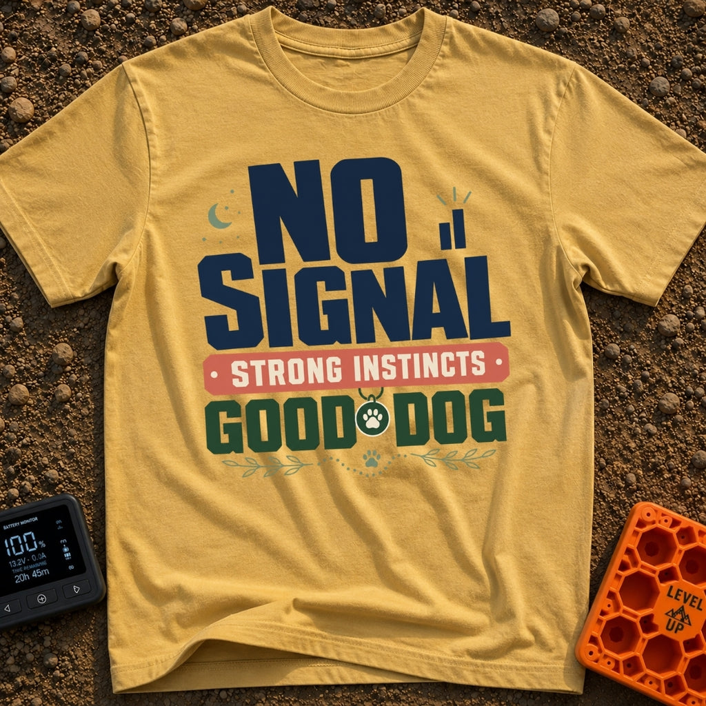 Instincts Over Signal - T-Shirt in Mustard - A typographic design reading "NO SIGNAL" next to a crescent moon and...