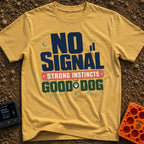 Instincts Over Signal - T-Shirt in Mustard - A typographic design reading "NO SIGNAL" next to a crescent moon and...