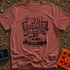 Sorry No Vacancy - T-Shirt in Brick - A black and white line-art illustration of a camper van parked in front of pine...