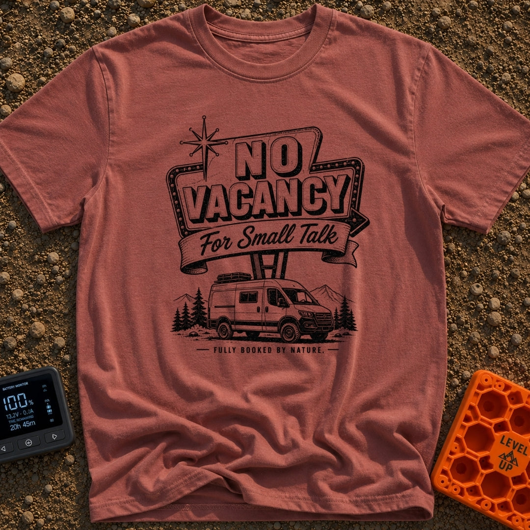 Sorry No Vacancy - T-Shirt in Brick - A black and white line-art illustration of a camper van parked in front of pine...
