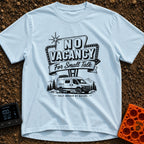 Sorry No Vacancy - T-Shirt in Chambray - A black and white line-art illustration of a camper van parked in front of pine...
