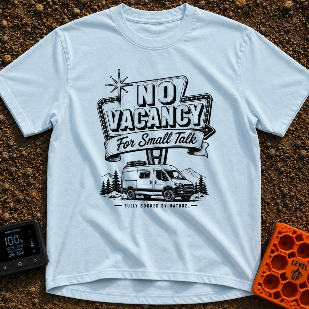 Sorry No Vacancy - T-Shirt in Chambray - A black and white line-art illustration of a camper van parked in front of pine...