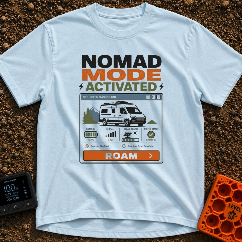 Nomad Mode Activated - T-Shirt in Chambray - A computer-style dashboard graphic titled 'OFF-GRID DASHBOARD' showing an...