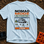 Nomad Mode Activated - T-Shirt in Chambray - A computer-style dashboard graphic titled 'OFF-GRID DASHBOARD' showing an...