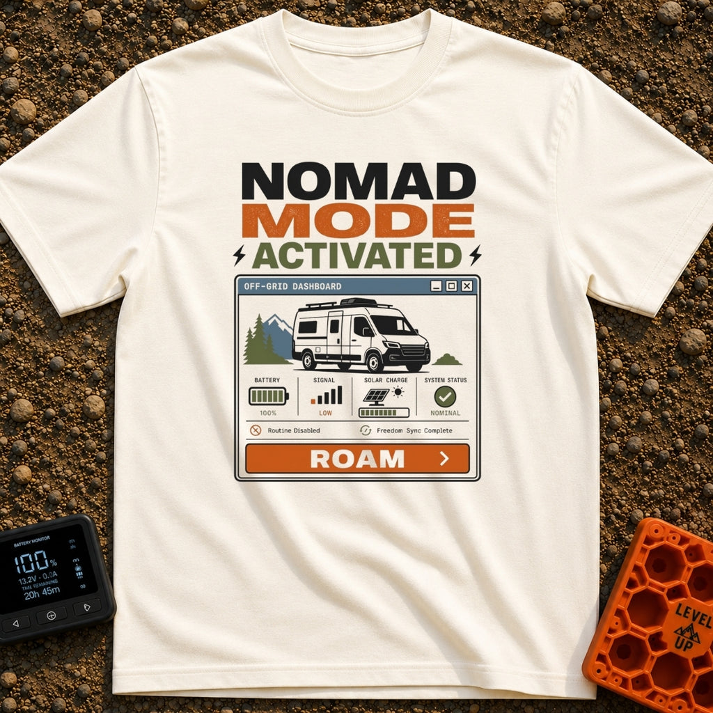 Nomad Mode Activated - T-Shirt in Ivory - A computer-style dashboard graphic titled 'OFF-GRID DASHBOARD' showing an...