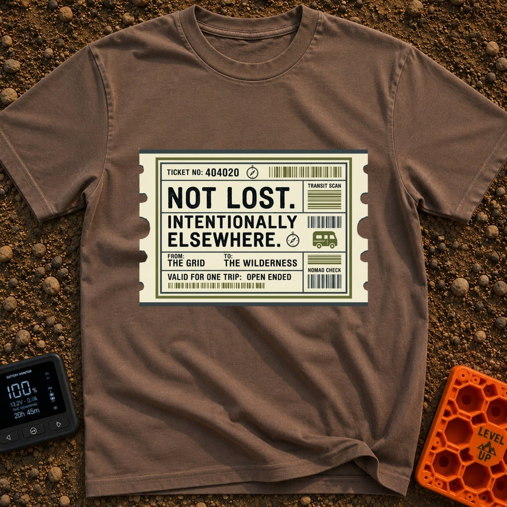 Intentionally Wandering OFF - T-Shirt in Espresso - A graphic illustration of a vintage transit ticket with notched...