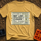 Intentionally Wandering OFF - T-Shirt in Mustard - A graphic illustration of a vintage transit ticket with notched edges,...