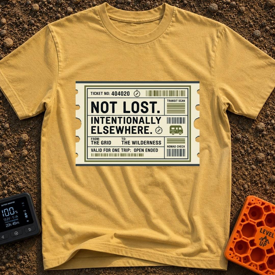 Intentionally Wandering OFF - T-Shirt in Mustard - A graphic illustration of a vintage transit ticket with notched edges,...