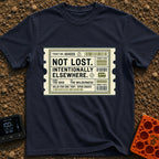 Intentionally Wandering OFF - T-Shirt in Navy - A graphic illustration of a vintage transit ticket with notched edges,...