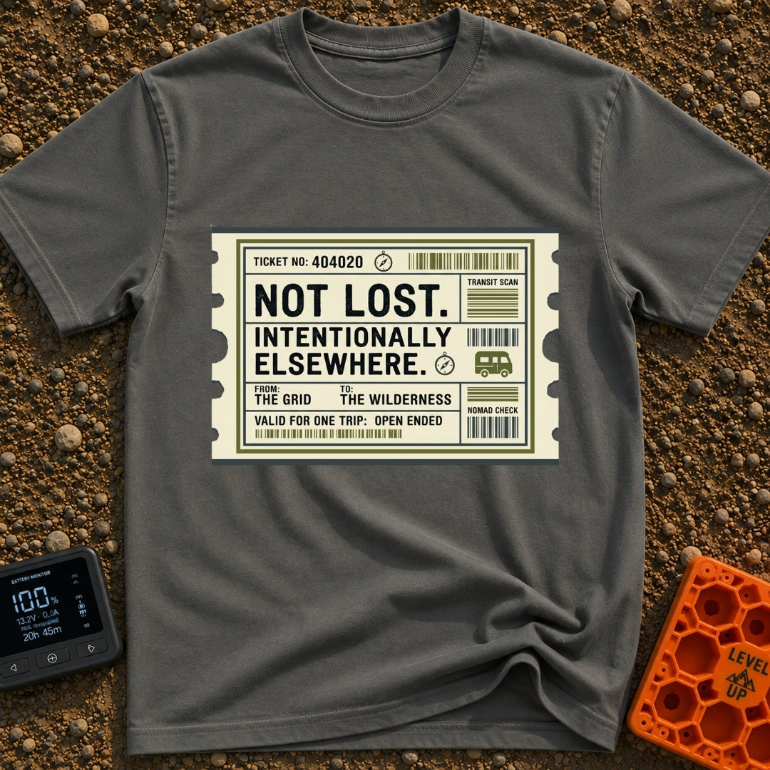 Intentionally Wandering OFF - T-Shirt in Pepper - A graphic illustration of a vintage transit ticket with notched edges,...