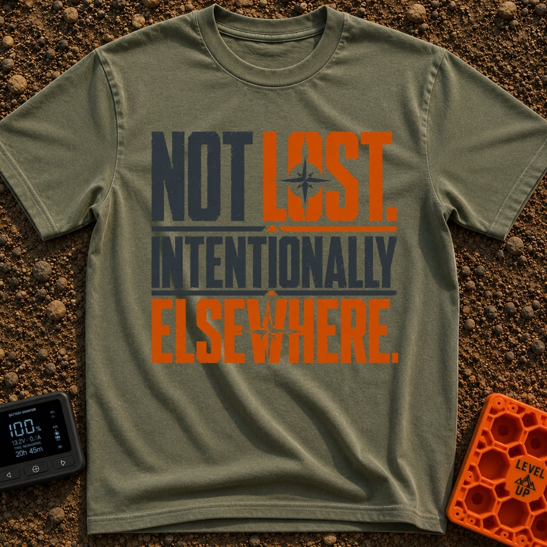 Wander Intentionally Elsewhere - T-Shirt in Moss - A distressed typography design displaying the phrase "NOT LOST....