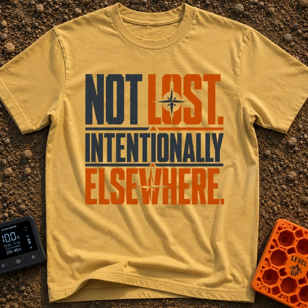 Wander Intentionally Elsewhere - T-Shirt in Mustard - A distressed typography design displaying the phrase "NOT LOST....