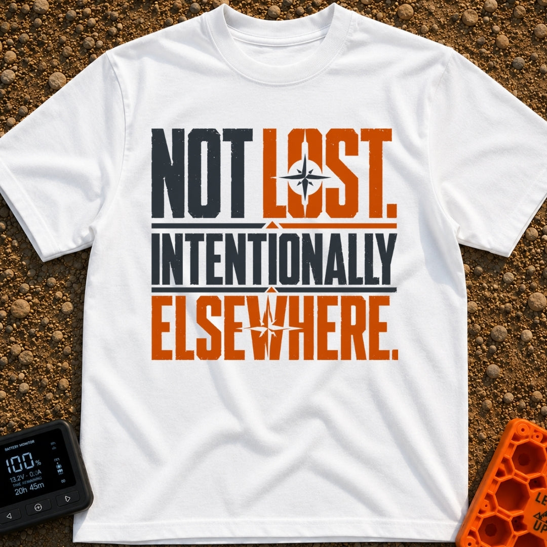 Wander Intentionally Elsewhere - T-Shirt in White - A distressed typography design displaying the phrase "NOT LOST....