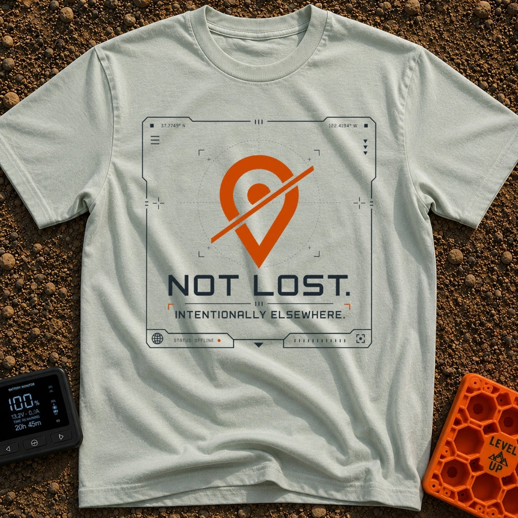 Not Lost Just Elsewhere - T-Shirt in Bay - A technical-style graphic resembling a digital GPS or tracking screen,...