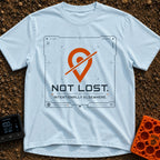 Not Lost Just Elsewhere - T-Shirt in Chambray - A technical-style graphic resembling a digital GPS or tracking screen,...