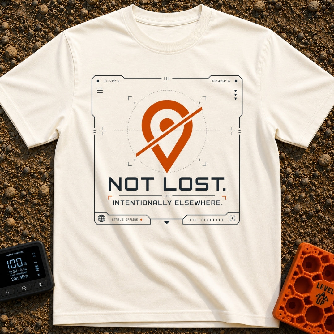 Not Lost Just Elsewhere - T-Shirt in Ivory - A technical-style graphic resembling a digital GPS or tracking screen,...