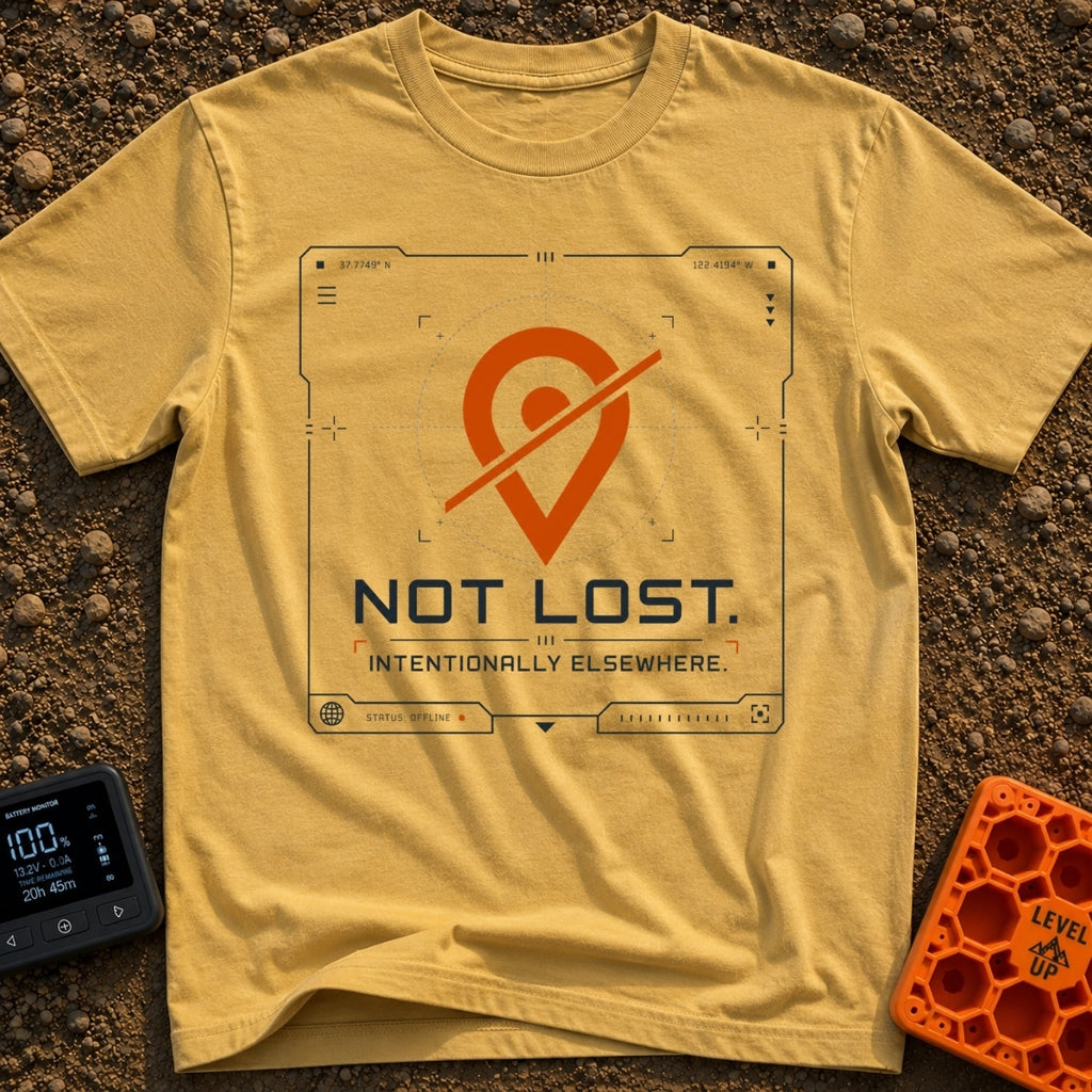 Not Lost Just Elsewhere - T-Shirt in Mustard - A technical-style graphic resembling a digital GPS or tracking screen,...