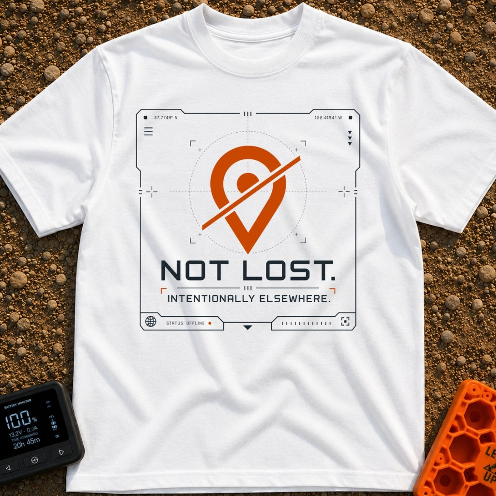 Not Lost Just Elsewhere - T-Shirt in White - A technical-style graphic resembling a digital GPS or tracking screen,...