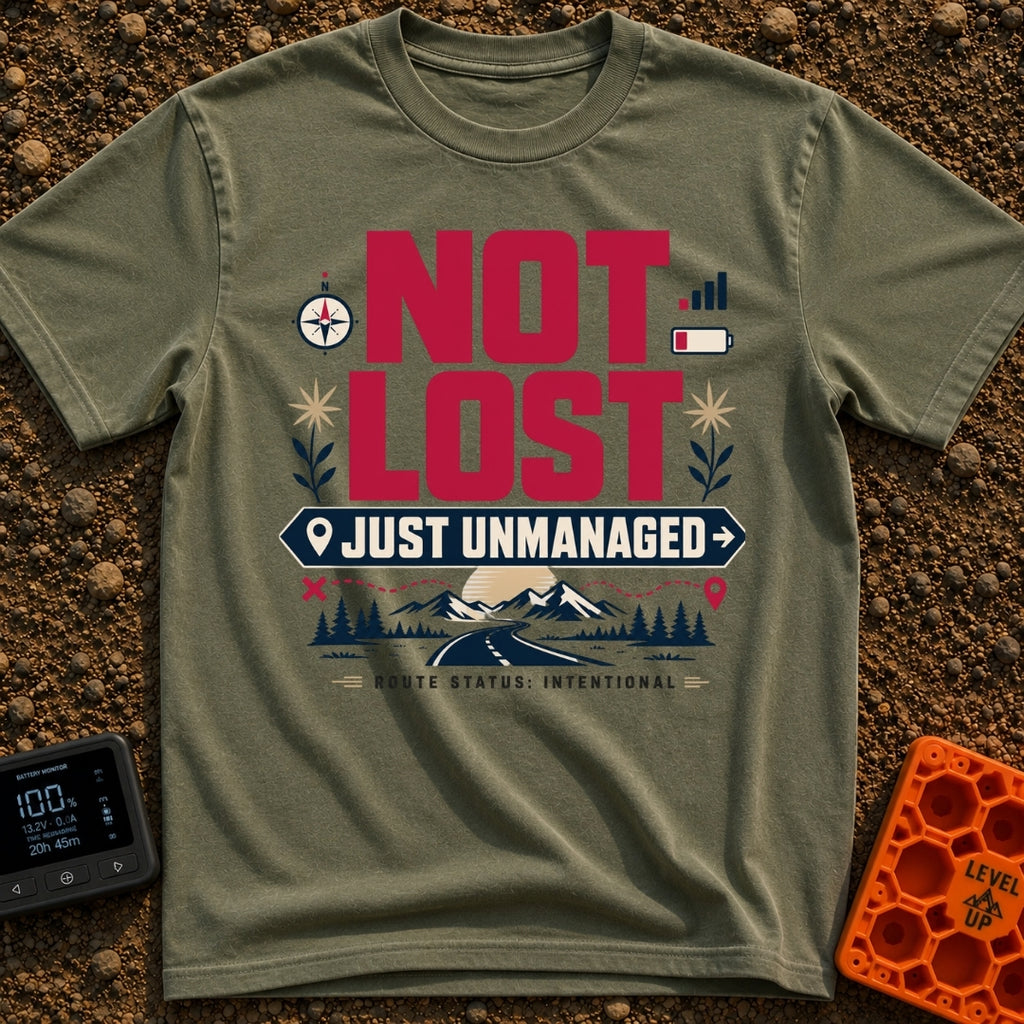 Unmanaged On Purpose - T-Shirt in Moss - Large text reading "NOT LOST JUST UNMANAGED" alongside icons of a compass, low...