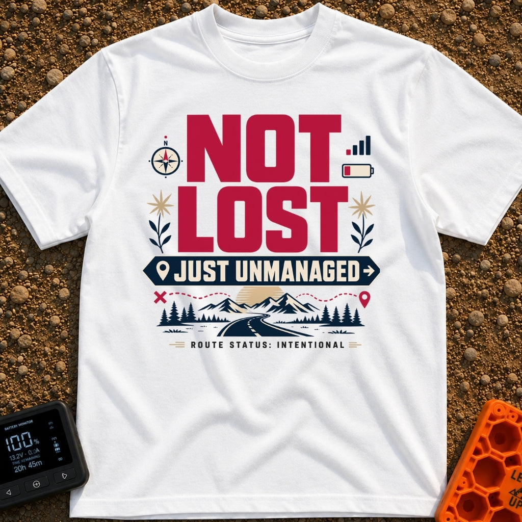 Unmanaged On Purpose - T-Shirt in White - Large text reading "NOT LOST JUST UNMANAGED" alongside icons of a compass, low...