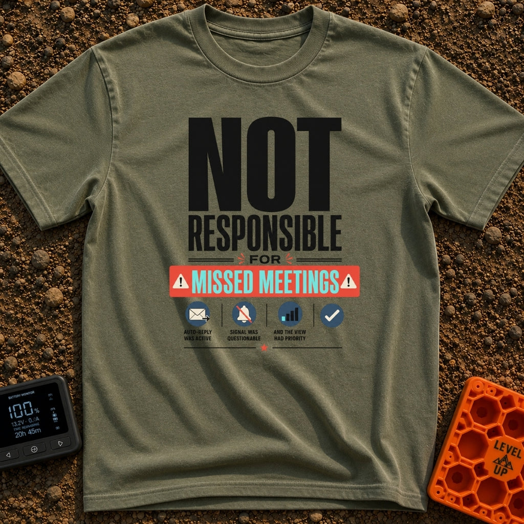 Out of Office Nomad - T-Shirt in Moss - A bold typographic design reading "NOT RESPONSIBLE FOR MISSED MEETINGS" accented...