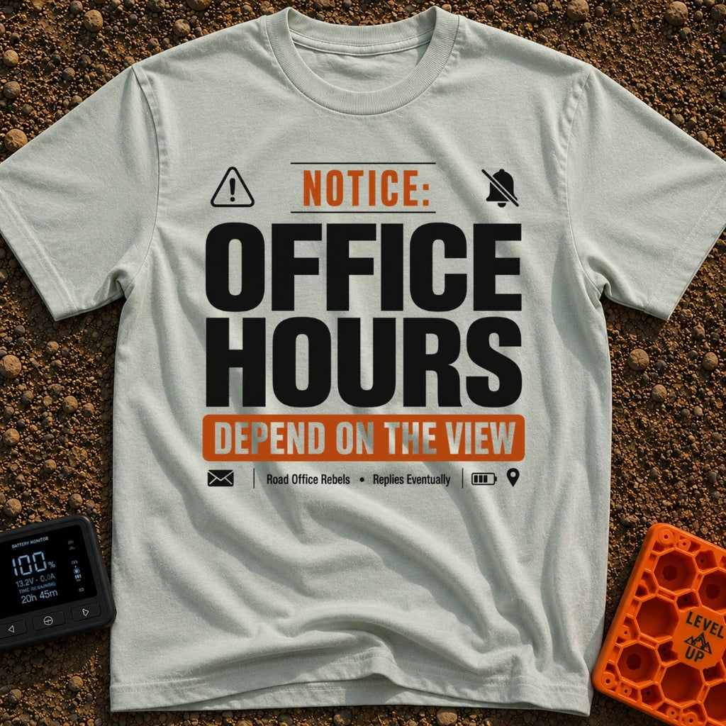 Hours Subject To View - T-Shirt in Bay - A graphic designed like a public notice sign featuring the text 'NOTICE: OFFICE...