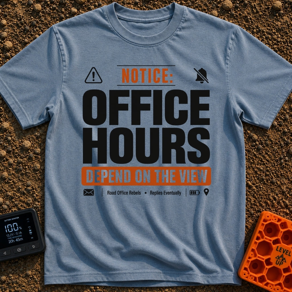 Hours Subject To View - T-Shirt in Blue Jean - A graphic designed like a public notice sign featuring the text 'NOTICE:...