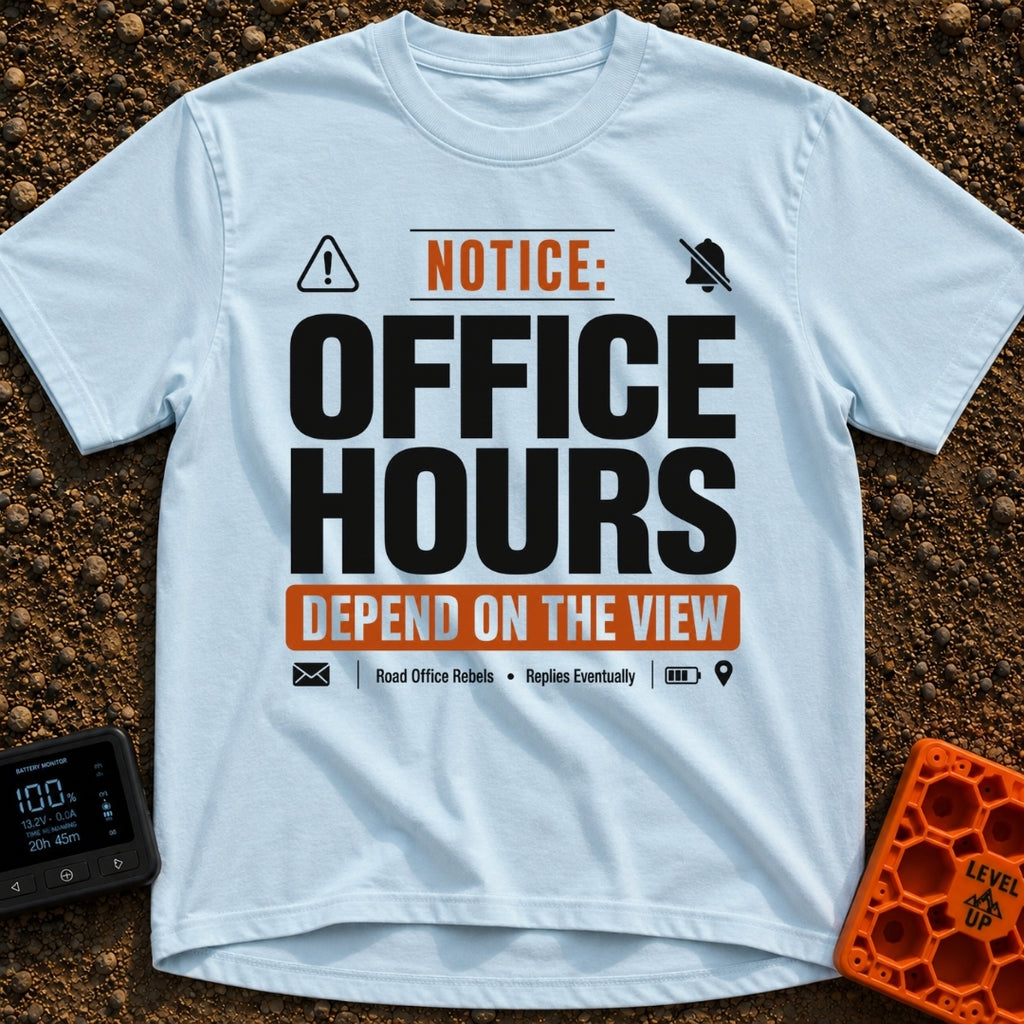 Hours Subject To View - T-Shirt in Chambray - A graphic designed like a public notice sign featuring the text 'NOTICE:...