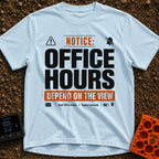Hours Subject To View - T-Shirt in Chambray - A graphic designed like a public notice sign featuring the text 'NOTICE:...
