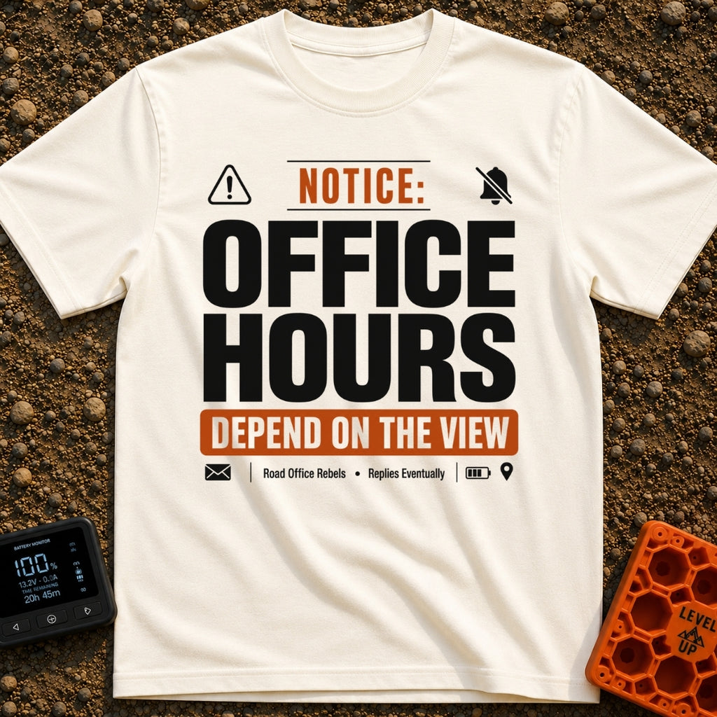 Hours Subject To View - T-Shirt in Ivory - A graphic designed like a public notice sign featuring the text 'NOTICE:...